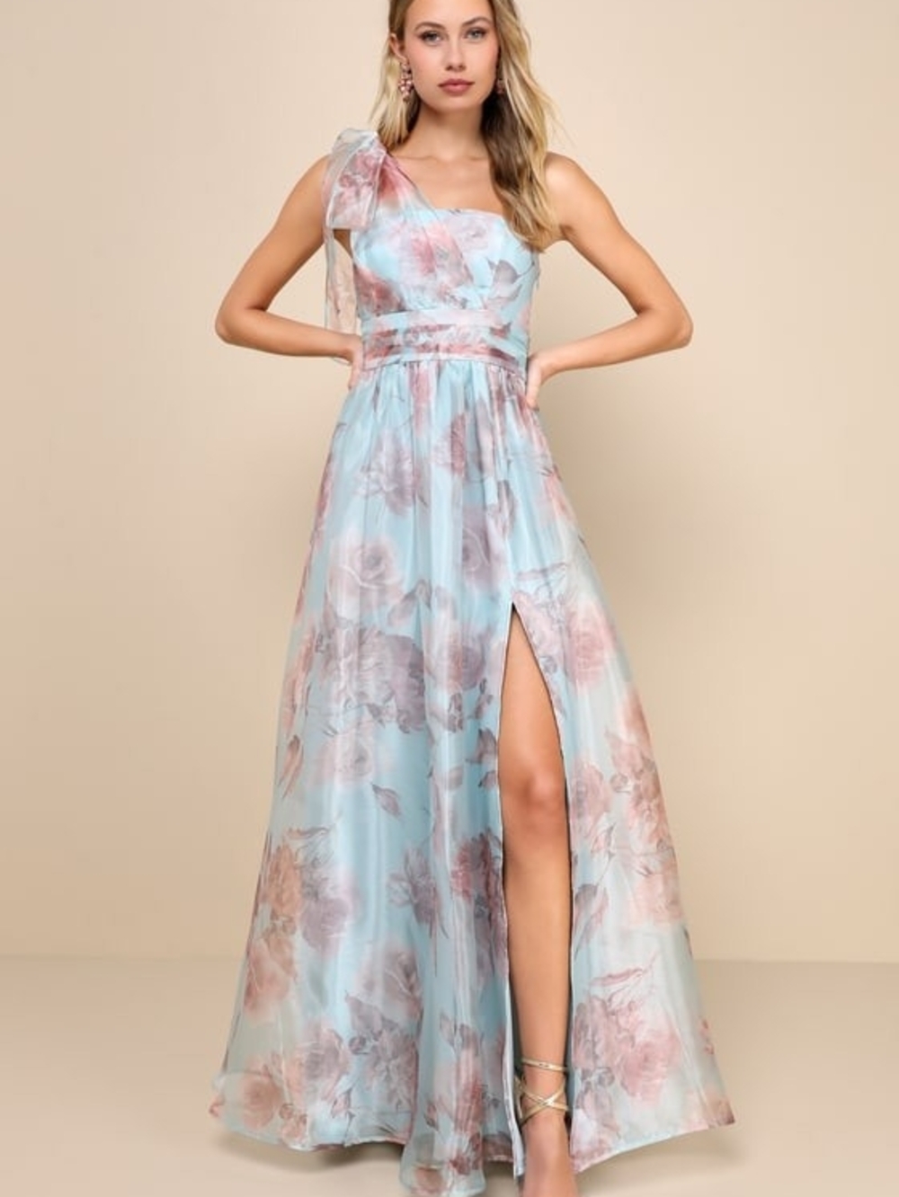 NWT Lulus Dramatically Lovely Blue Floral One-Shoulder Organza Maxi Dress - S